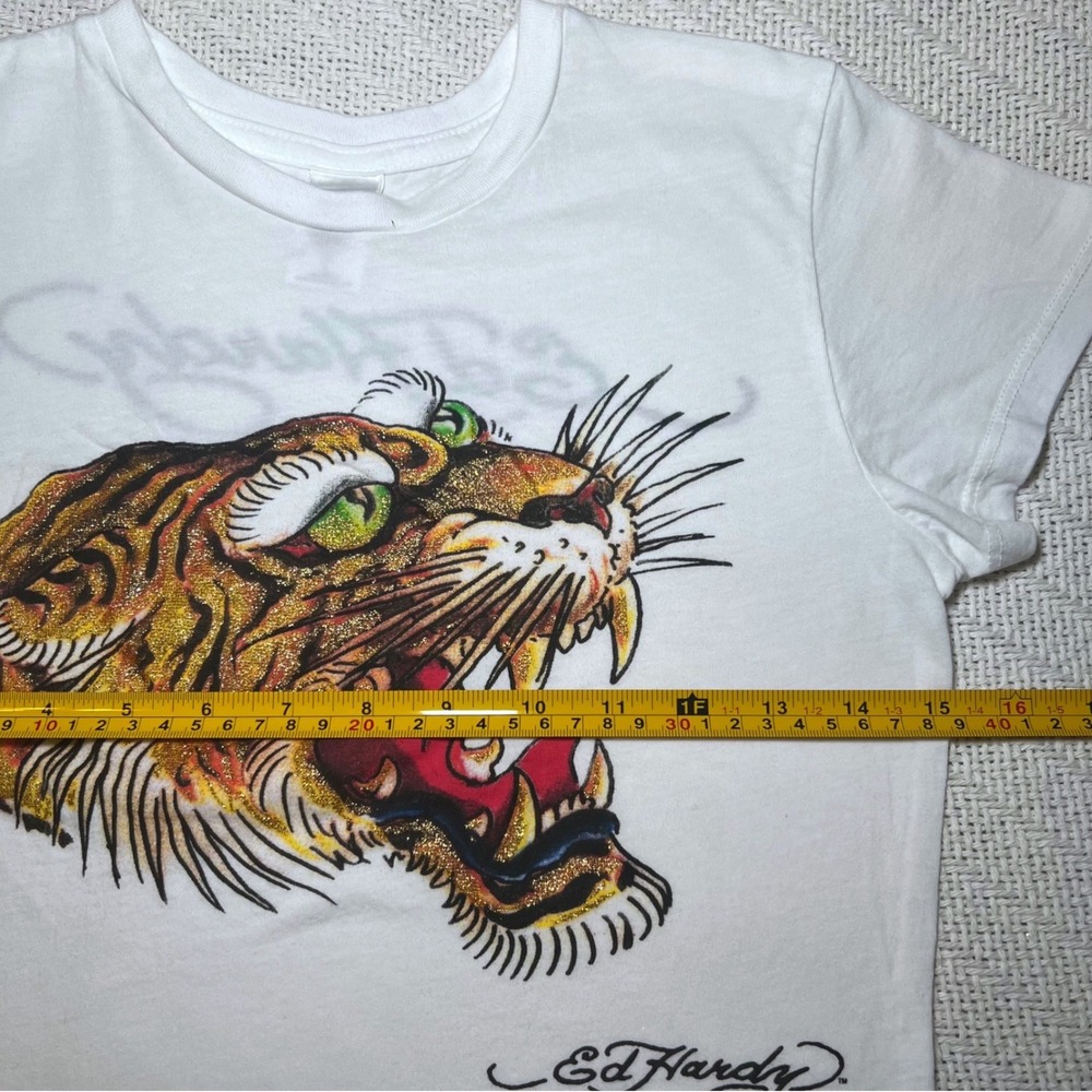 Ed Hardy Christian Audigier Tiger Glitter Graphic Tee White Y2K Women Large - Picture 4 of 6